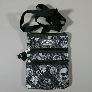 Harley-Davidson Crossbody Bag Womens OS Black Gray Tattoo Print Skull Rose Logo